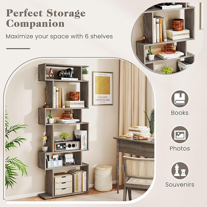 Giantex 6-Tier Geometric Bookshelf, S-Shaped Bookcase with 2 Anti-Tipping Kits, Wooden Display Shelf, Decorative Storage Shelving Unit, Home Storage Organizer for Office Living Room (1,Oak Grey)
