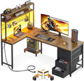 AODK L Shaped Desk Gaming Desk with LED Light & Power Outlet, 59 Inch Reversible L Shaped Computer Table with 4 Drawers for Home Office, Vintage