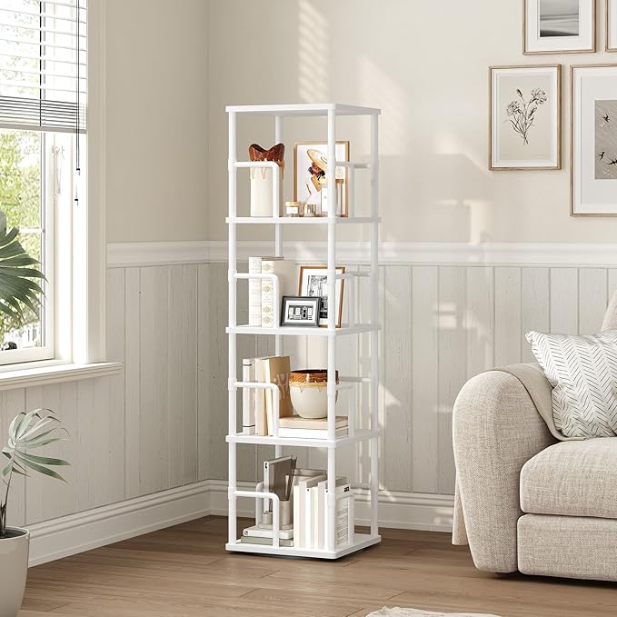 MAHANCRIS 4-Tier Rotating Bookshelf, Freestanding Corner Bookshelf, 360° Spinning Bookcase, Industrial Style Storage Rack with Rails, for Living Room, Bedroom, Study, White BKWT1501