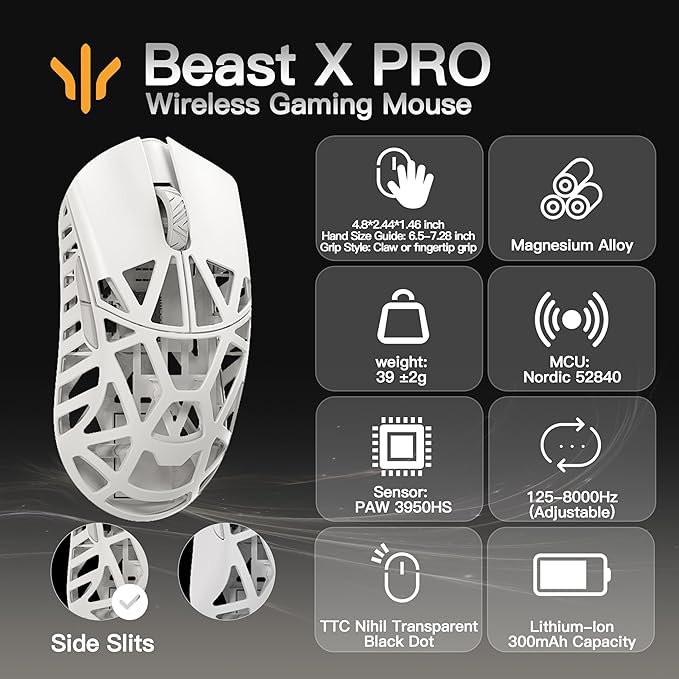 WLMOUSE Beast X Pro Ultra-Light 39g Magnesium Gaming Mouse, PAW3950 HS Sensor, 8K Polling Rate, 30000 DPI,OM & TTC Switches, Customizable Side Panels.(Milky White(TTC Switch-Side Slits))