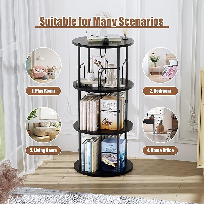 ALLSTAND Rotating Bookshelf, 3 Tier Round Revolving Bookcase with Special Visible Partition Storage, 360° Display Spinning Small Bookshelf Tower Book Shelf Organizer for Bedroom, Small Space, Black