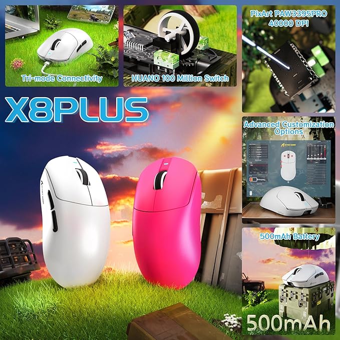 MAMBASNAKE×Attack Shark X8 Plus Wireless Gaming Mouse,Tri-Mode Connection,40000 DPI Ultra Lightweight,PAW3395PRO Sensor,150h Battery Life,5 programmable Buttons for Windows/Mac/Linux/XP-White