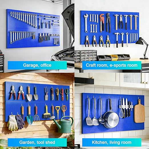 Metal Pegboard Panels 4 Pack, 24" x 12" Heavy Duty Rust-Proof Wall Organizer, Sturdy Steel Storage Board for Garage, Workshop & Craft Room, Blue