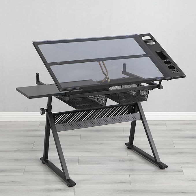 GDFStudio Height & Angle Adjustable Drafting Table with Stool, Tempered Glass Art Craft Desk with 2 Metal Storage Drawers, Diamond Painting Drawing Table Workstation for Home Office Studio, Black