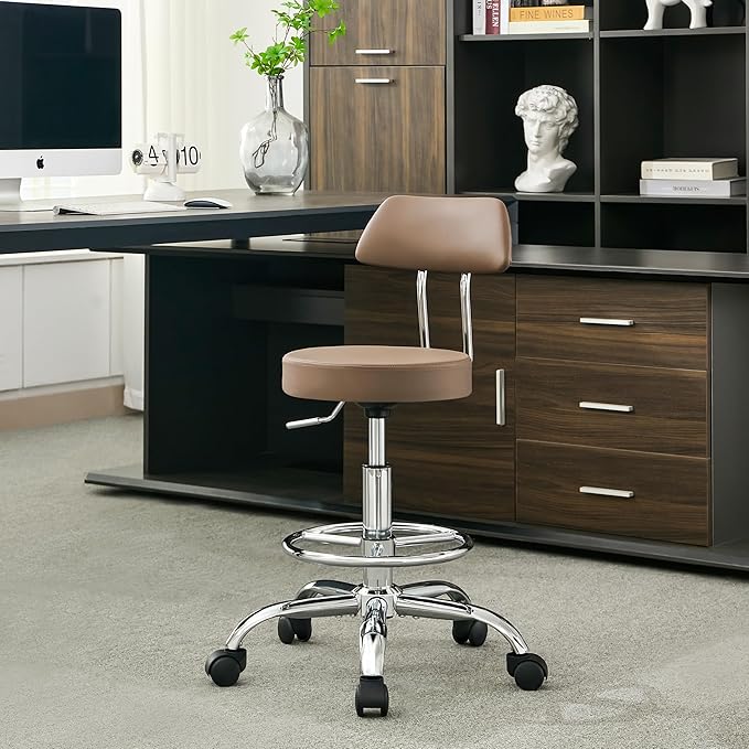 FIRAVOE Office Drafting Chair (Rolling Office Stool) (Adjustable Height Footrest Massage Chair 19.5"-26.6") Lab Stool with Back (Coffee Brown)