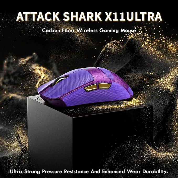 ATTACK SHARK X11 Ultra Carbon Fiber Wireless Esports Gaming Mouse,8k Polling,PAW3950MAX Sensor,63g Ultra-Ligh Ergonomic Gaming Mice,2.4Ghz/BT/Wired,with RGB Coiled Cable-Metallic Purple&Griptape