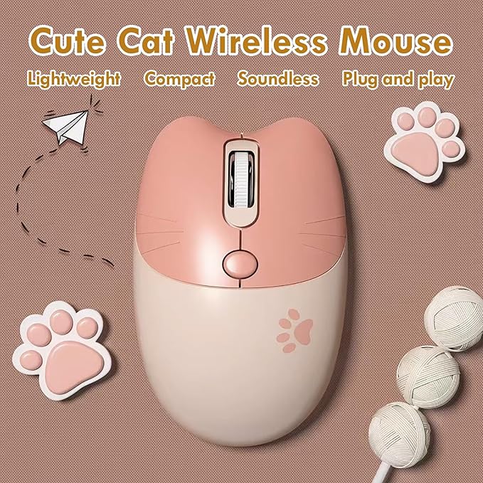 Lomiluskr Cute Cat Wireless Mouse, Lightweight Soundless Mice, 2.4G Wireless Mice, Candy Colors, Kawaii Mouse for Girls and Kids (Milk Tea)