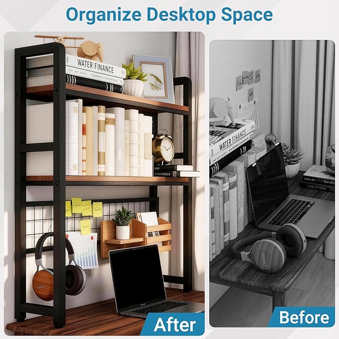 2 Tier Desktop Hutch Bookshelf, 39" Metal Dorm Desk Hutch with Grid Panel, Display Desk Shelf Bookcase Storage Organizer Rack for Dorm Home Office