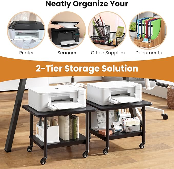 Giantex Under Desk Printer Stand, 2-Tier Mobile Printer Table with Storage Shelf, Lockable Wheels & Metal Frame, Rolling Printer Cart Holder, Storage Rack for Home Office Scanner Fax Machine (Black)