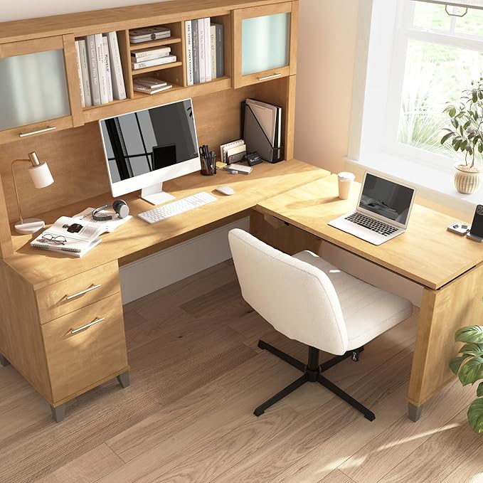 Bush Home Somerset 72W 3 Position Sit to Stand L Shaped Desk with Hutch in Maple Cross | Adjustable Height Table for Office