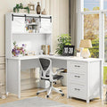 Vabches Farmhouse 68" H L Shaped Desk with Hutch,Office Table with 3 Drawers and Sliding Doors, Executive Desk with File Drawers, Wood Workstation for Home Office and Study.Cream White