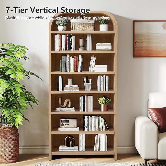 LEVNARY 70" Tall Arched Bookcase, 7-Tier Freestanding Storage Cabinet with Adjustable Shelves, Thick MDF Bookshelf for Bathroom Living Room Bedroom (Natural)