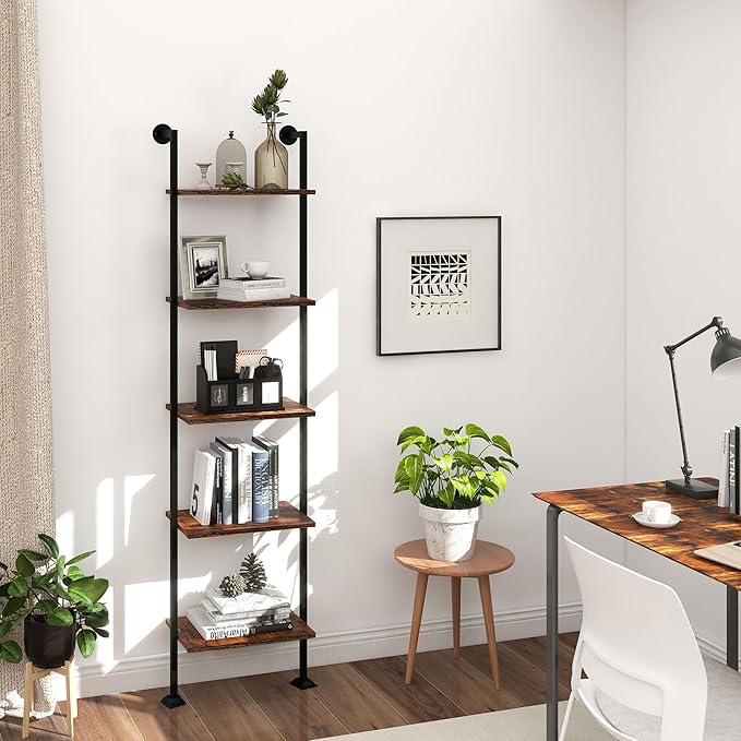 Axeman 5-Tier Ladder Shelf, Tall Narrow Bookcase for Small Spaces, Book Storage Organizer Case for Living Room, Home Office, Study, Industrial Style Black Metal Frame and Rustic Brown Shelf