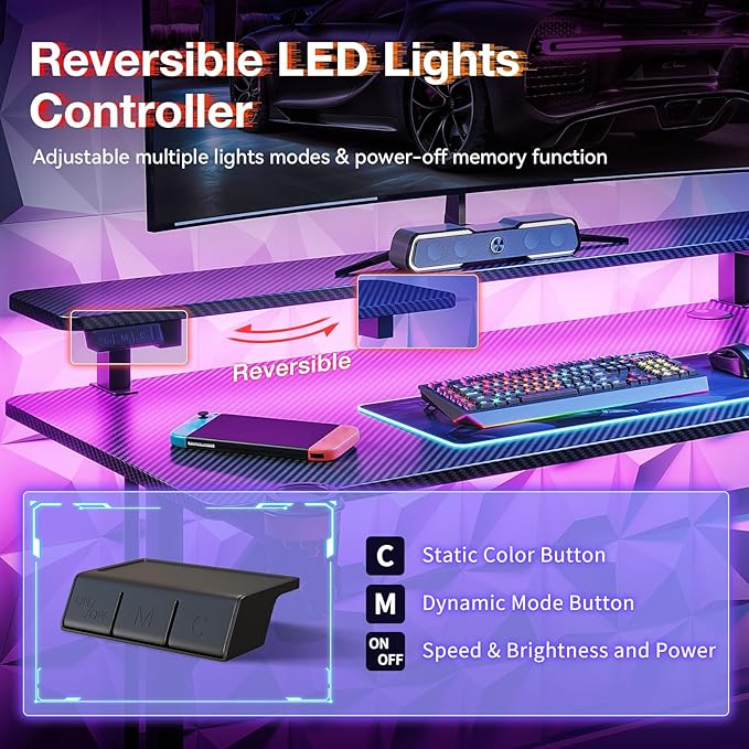 MOTPK 32 Inch Small Gaming Desk with LED Lights, Computer Desk Gaming Table with Monitor Shelf, Gamer Desk with Carbon Fiber Texture, Kids Boys Desk Gift for Men