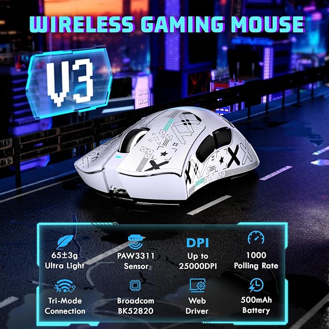 MAMBASNAKE Attack Shark V3 Wireless Gaming Mouse,Adjustable 25K DPI PAW3311 Optical Sensor,Ergonomic Lightweight 5 Programmable Buttons 500mAH Battery,2.4G/BT/USB-C Wired for PC/Mac-White&Griptape
