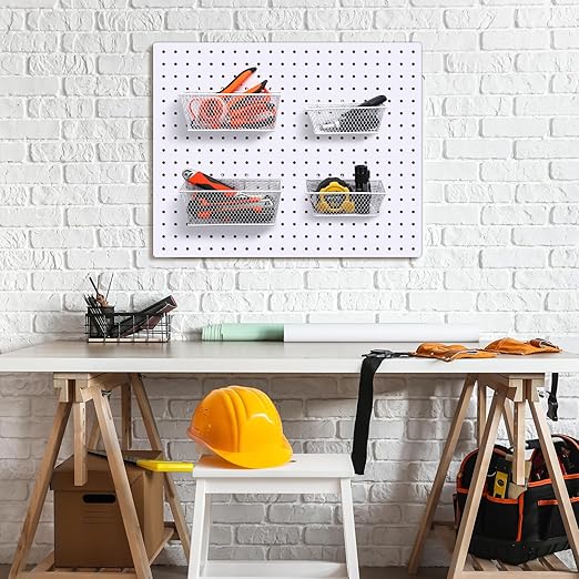 Sieral 4 Pcs Pegboard Baskets Metal Wire Shelf Baskets Peg Board Organizer Accessories Wall Mount Organizer Attachments for Garage Workbench Various Tool Accessories, 2 Sizes (White,Small, Medium)