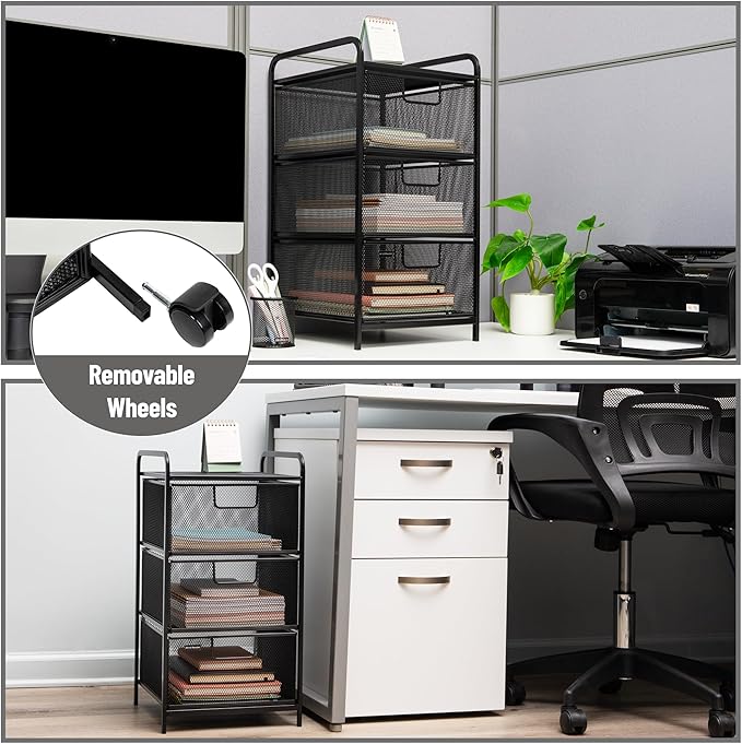 Mind Reader Office Storage Organizer with Mesh Drawers and Optional Wheels, Desktop and Under Desk Use, Metal Mesh, Black
