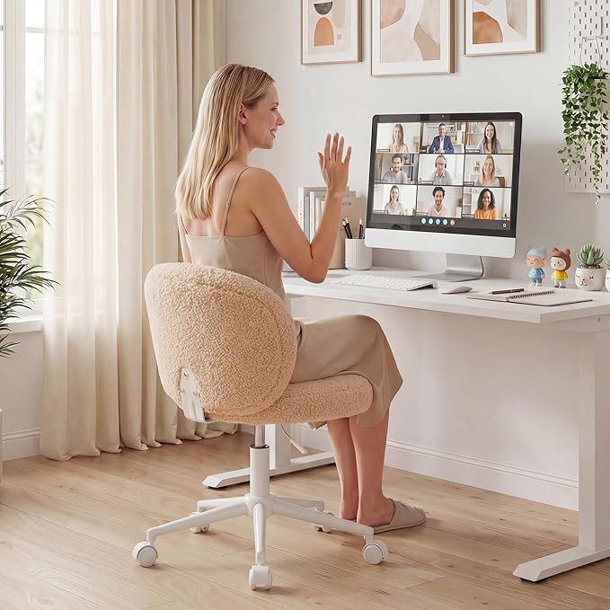 Homkdom Small Round Vanity Chair with Back, Armless Home Office Desk Chairs, Height Adjustable & 360° Swivel, Cute Comfy Vanity Computer Chair for Bedroom, Home Office, Yellow