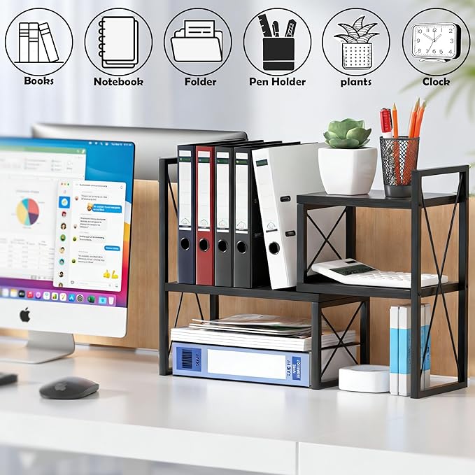 Desktop Shelf Organizer, Small Bookshelf for Office, Wood Shelves, Office Organization and Storage (Black)