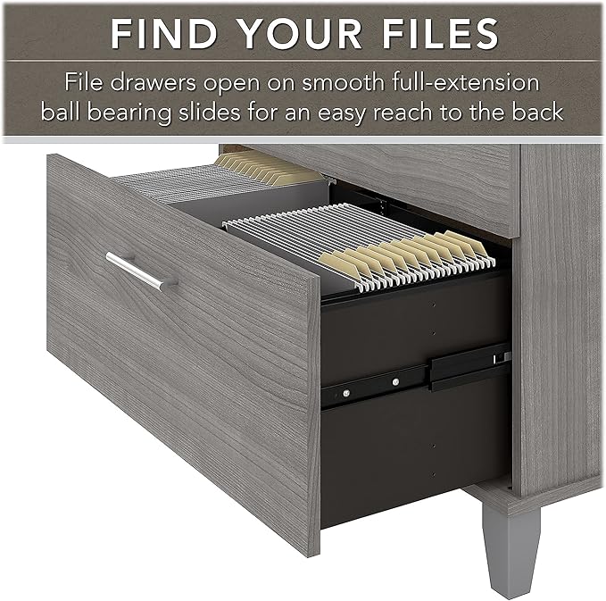 Bush Furniture Somerset 60W L Shaped Desk with Hutch and Lateral File Cabinet in Platinum Gray