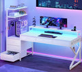 SEDETA 55" Gaming Desk with 6 Drawers, Corner Gaming Desk with Storage & LED Lights, Reversible PC Desk with Power Outlet, Corner Computer Desk with Hutch, Monitor Stand, Side Hook (White)