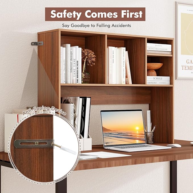 ReunionG Desk Hutch 2-Tier, Wood Hutch Top Only w/4 Shelves for Computer Monitor, Laptop, Dressing Table, Desk Organizer Display Rack Desktop Bookshelf for Home, Office, Dorm (Walnut)