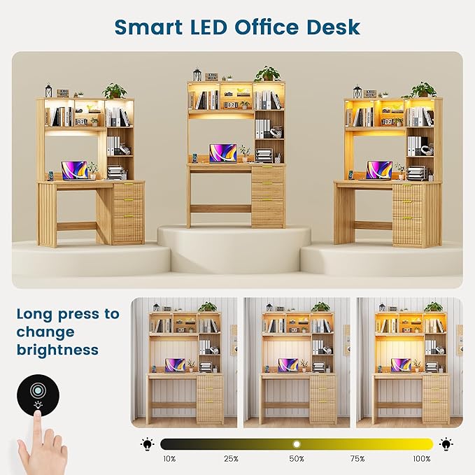 WOOVIVS Standing Desk with LED Light for Office Room, Smart Computer Desk with Hutch and Drawer for Game Room,Modern Study Table with 2AC Port Charging Station/Lamp/for Bedroom (Wood)