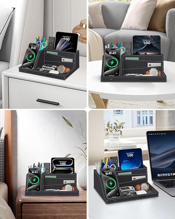 Wireless Charger with Desk Organizer, Fast Charging Station for iPhone 16/15/14/13/12/11 Pro Max, Desk Phone Charger Stand, Desktop Nightstand Organizer Pen Holder for Home Offfice Supplies