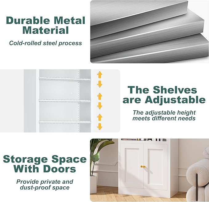 55" Tall Metal Bookcase,Heavy Duty Bookcases with Doors,Sturdy Modern Book Shelf with Cabinet,Industrial Display Book Case for Living Room,Office,Bedroom,White