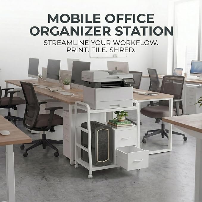 Printer Stand Featuring Fabric Drawers, Under Desk Host Computer Cabinet and Shredder Shelf, Heavy Duty Printer Stand with Storage Workstation Organization Printer Table for Home Office