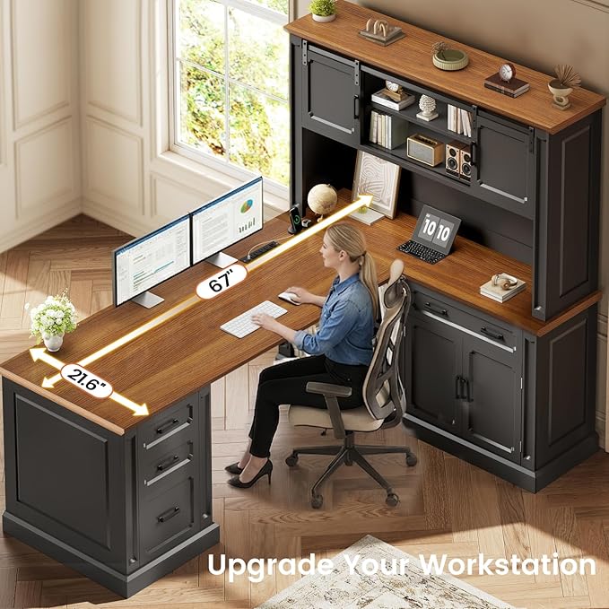 SEDETA Farmhouse L Shaped Desk with Hutch, 67" Executive Home Office Desks with 4 Drawers & Storage Cabinet, Corner Computer Desk with Sliding Doors, File Drawer & Power Outlet, Black+Brown