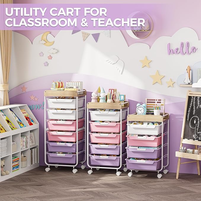 SYKIARIOL Rolling Cart with 6 Drawers,Utility Storage Cart with Drawers,Art Craft Organizers and Storage,Makeup Organizer with Wooden Tabletop,Purple