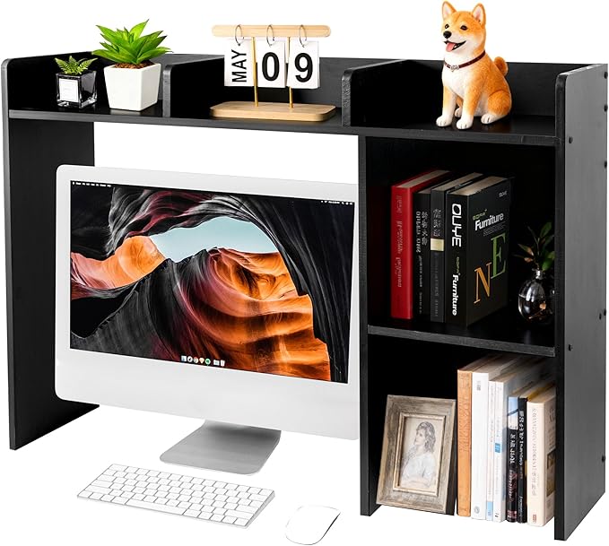 GRETJOB Desktop Hutch Bookshelf, Wooden Desk Storage Hutch with 5 Shelves for Computer Desk, Desktop Shelf for Top of Desk, Desktop Bookshelf for Dorm Office Home, 32.5 x 23.5 x 8 Inches, Black