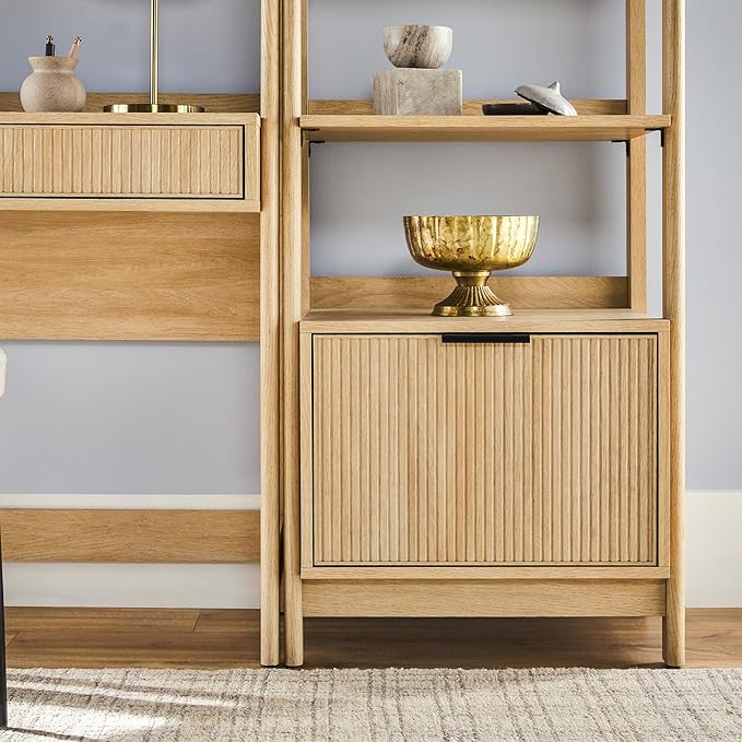 Walker Edison Transitional 3-Piece Hutch Desk with 1 Wide and 1 Narrow Bookcase, Reeded Drawer Fronts, Built-in outlets and USB Ports, Set of 3, Coastal Oak
