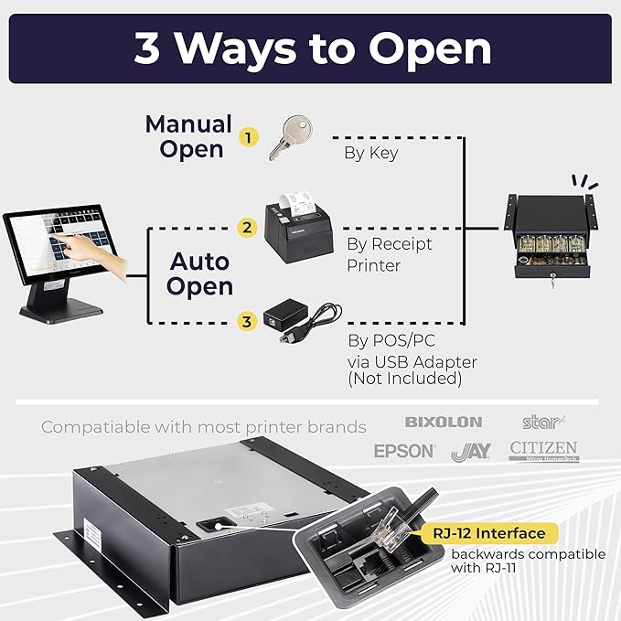 Volcora Cash Register Drawer with Under Counter Mounting Metal Bracket, 13" Black Cash Drawer for POS, 4 Bill 5 Coin Cash Tray, Fully Removable 2Tier Compartment 12-24V RJ11/RJ12 Key-Lock