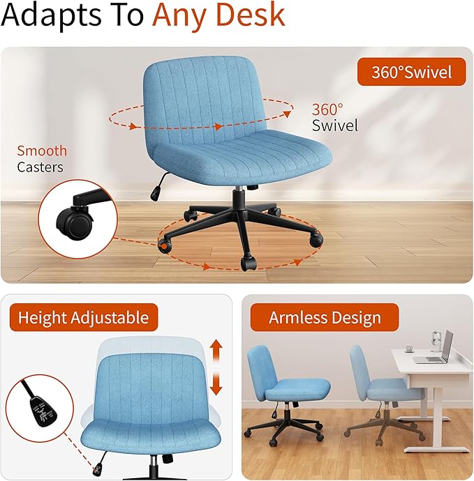 Meilocar Criss Cross Chair with Wheels, Cross Legged Office Chair, Armless Office Chairs Adjustable Height Swivel Tilting Fabric Vanity Chairs for Home Bedroom (Blue)
