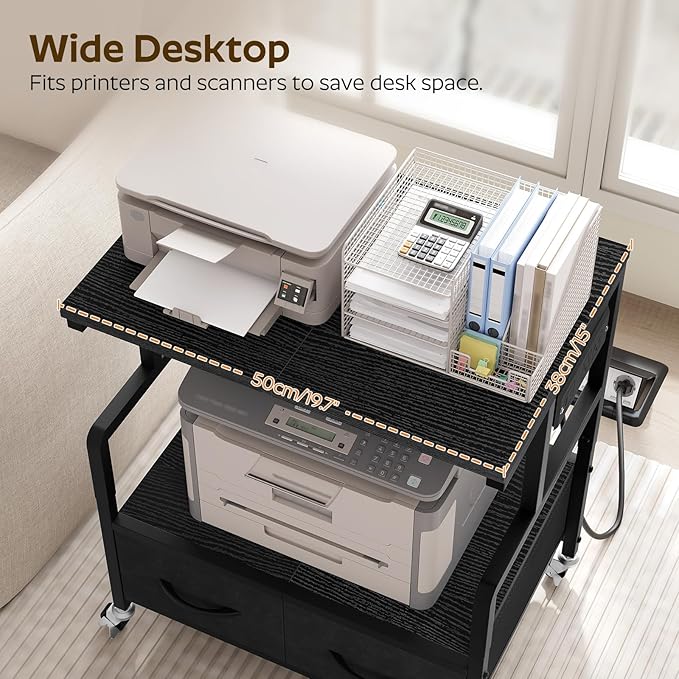 YATINEY Printer Stand, 3 Tier Printer Cart with Power Outlet and Fabric Drawers, Industrial Mobile Printer Table on Wheels, Printer Stand with Storage for Home Office, Study, Living Room PS03BB