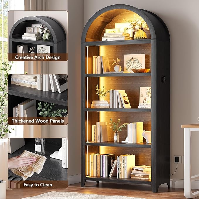 Arch Bookcase - 5 Tiers Bookshelf with 3 Colors LED Sensor Lights and Thickened Wooden Design Display Shelf for Lego Books Bathroom Living Room - Ideal Gift (Black)