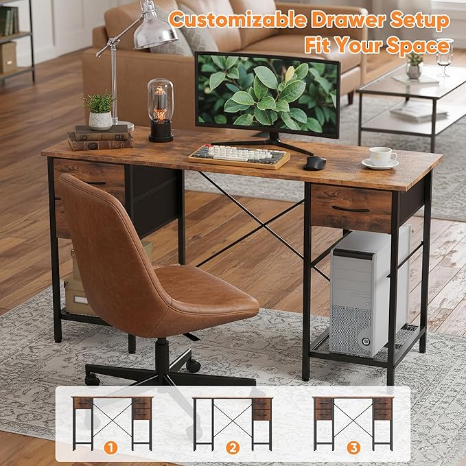 Sweetcrispy Computer Desk with Drawers, 47 Inch Home Office Bedroom Table with 4 Fabric Drawers & 2 Mesh Storage Shelves, Wood Table with X-Shaped Structure for Writing Study PC Desk, Brown