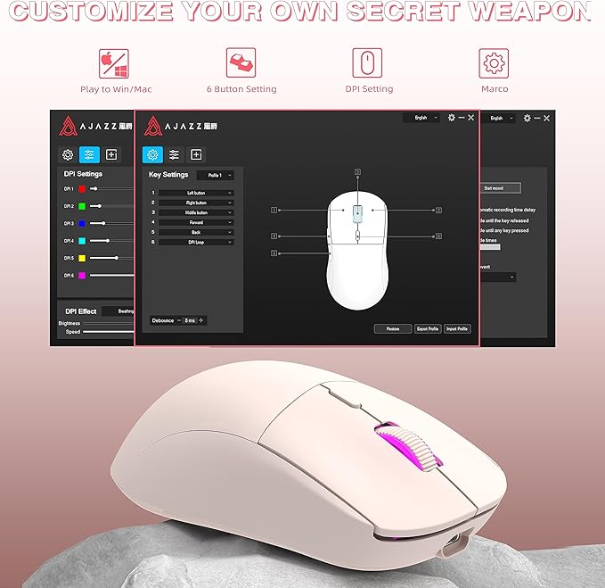 Ajazz Wireless Gaming Mouse,USB-C Rechargeable 59g Ultralight Computer Mouse,High Performance PAW3395,26000DPI,6 Macro Buttons, 40Hrs Power Life,2.4Ghz 1ms,Detachable Magnetic Rear Panel,2in1,Pink