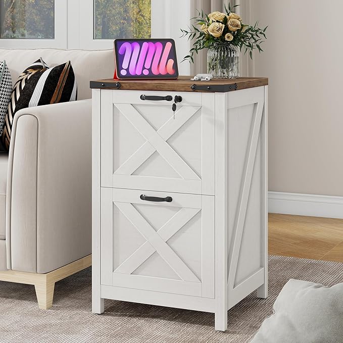 Vabches Vertical File Cabinet with 2 Drawers, Wooden Farmhouse Filing Cabinet for Letter/A4 Size Hanging Files, Under Desk Printer Stand with Storage for Home Office, White and Lock