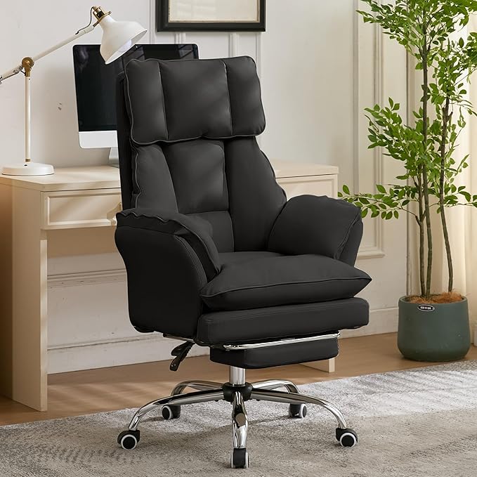 Ergonomic Cloud Cross Legged Office Chair with Footrest,Leather Big and Tall Executive Chair with Wheels,Reversible Armrest,155° Reclining Computer Wide Desk Chair for Home,Office (Black)
