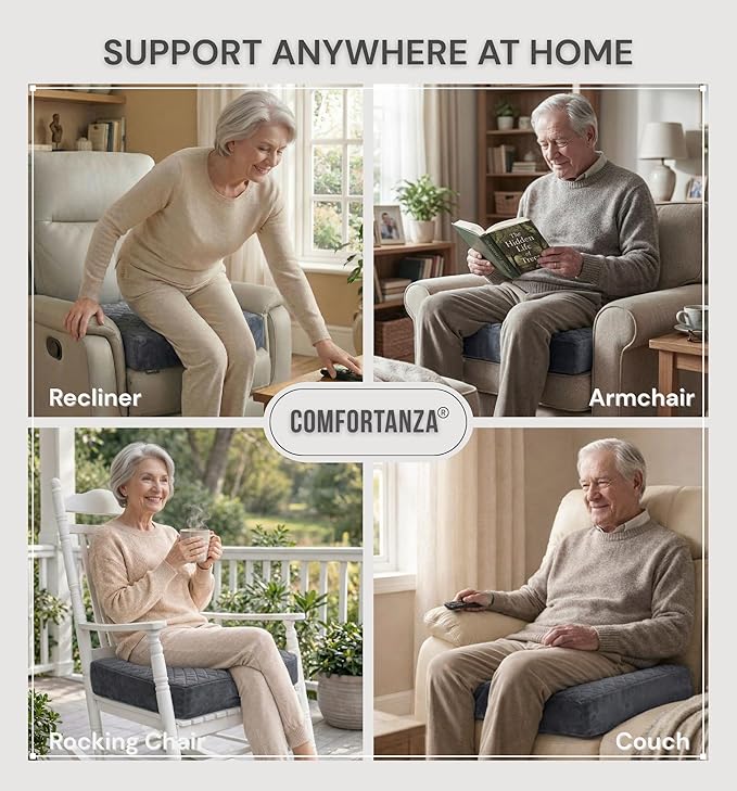 Medium-Soft 20x20x5 Memory Foam Recliner Chair Seat Cushion for Long Sitting - Armchair Pad with Washable Velvety Cover with Waterproof Layer & Non-Slip Base for Seniors & Elderly - Gray