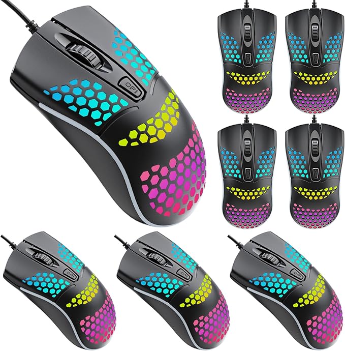 Tellegloww 8 Pack USB Wired Mouse Computer Mouse with RGB Lighting 3 Adjustable Dpi Ergonomic Optical Office Corded Mice for PC Desktop Laptop Computer Office School Home Classroom Supplies