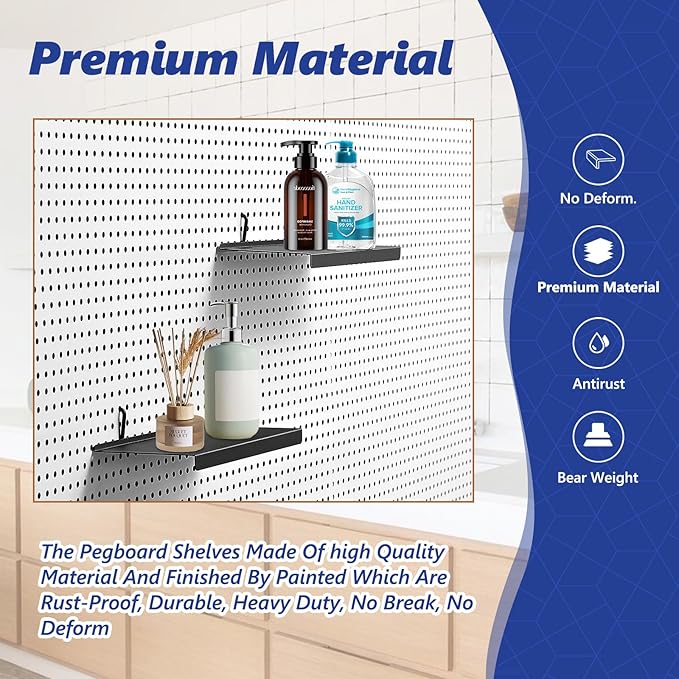 PEKGRIL 10x4.3 Inch Pegboard Shelves Set of 10, Metal Peg Board Shelves Accessories, Flat Display Shelves for Pegboard, Metal Retail Display for Storage and Organization, Black