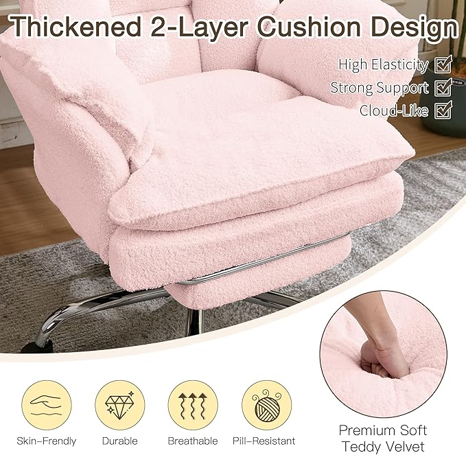 Ergonomic Cloud Cross Legged Office Chair with Footrest,Teddy Fleece Big and Tall Executive Chair with Wheels,Reversible Armrest,155° Reclining Computer Wide Desk Chair for Home,Office (Pink)