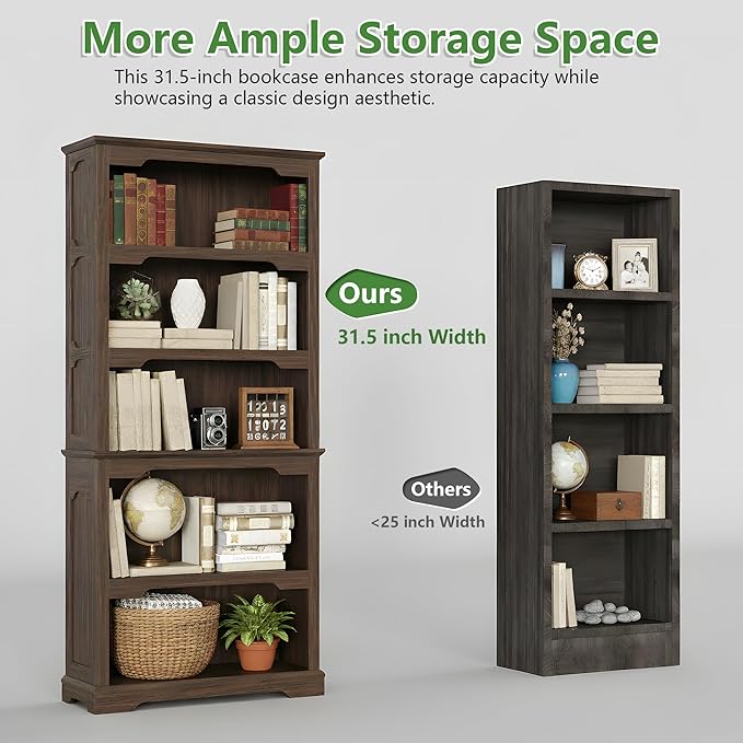70 Inches Farmhouse Bookcase Bookshelf, Two-Tone Shelves, 5 Tier Bookshelf with Arched Trim, Home Office Living Room Storage Cabinet Unit, 31.5x11.8 Inches (Walnut, Open Shelf)