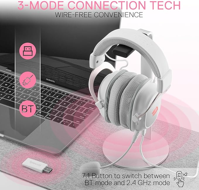 Redragon H510 PRO 3-Mode RGB Gaming Headset - 7.1 Surround Sound - 53MM Audio Drivers in Memory Foam Ear Pads w/Durable Fabric Cover- Multi Platforms Headphone - USB Powered for PC/PS4/NS