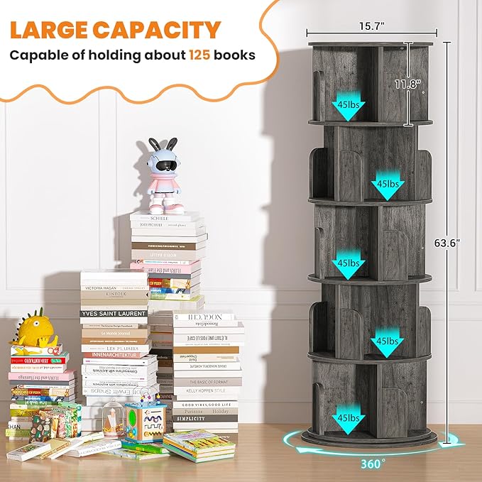 Besiost Rotating Bookshelf Tower, 5 Tier Spinning Bookcase, Revolving 360 Book Shelf Narrow Tall Bookcase, Vertical Turning Round Bookshelf Organizer, Wood Corner Book shelf for Small Space, Black Oak