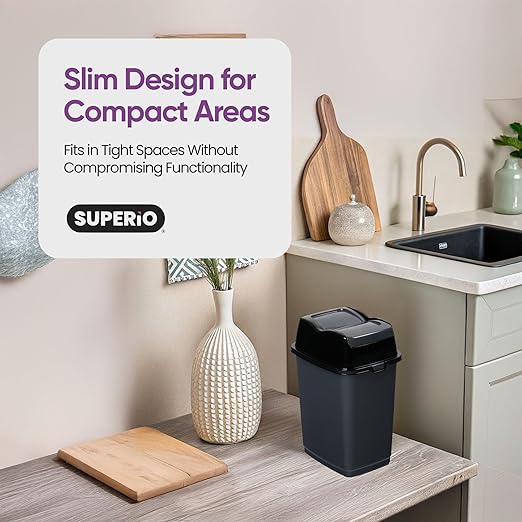 Garbage Cans with Swing Top-Split Lids, 2 Pack | Small Trash Cans with Lids | Durable Plastic | Slim & Sturdy Trash Bins | Fingerprint Resistant | 1.25 Gallon / 5 qt / 5 L – Grey | Superio Brand